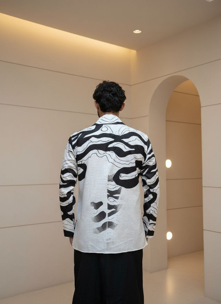Black and white wave design print kurta for men