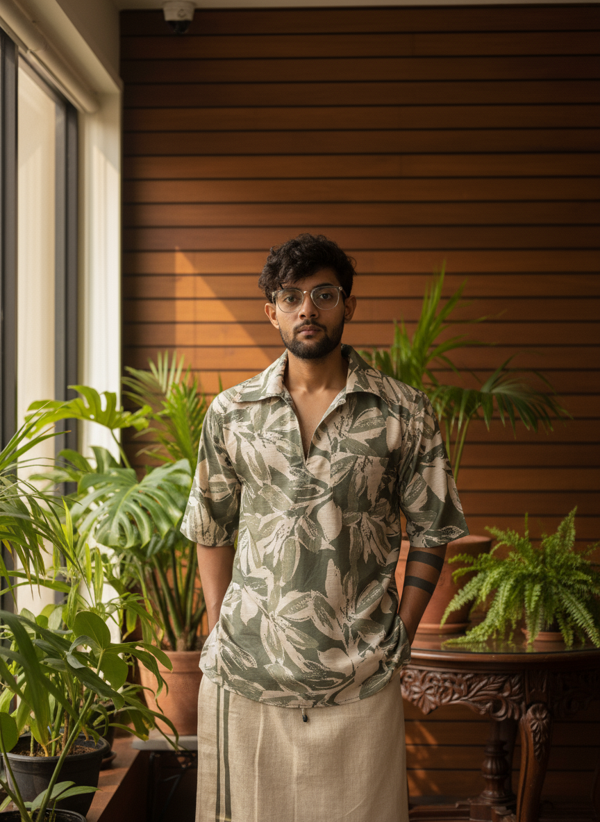 Olive light green big leaves digital print kurta with halfsleeves worn by a man surrounded by indoor plants.