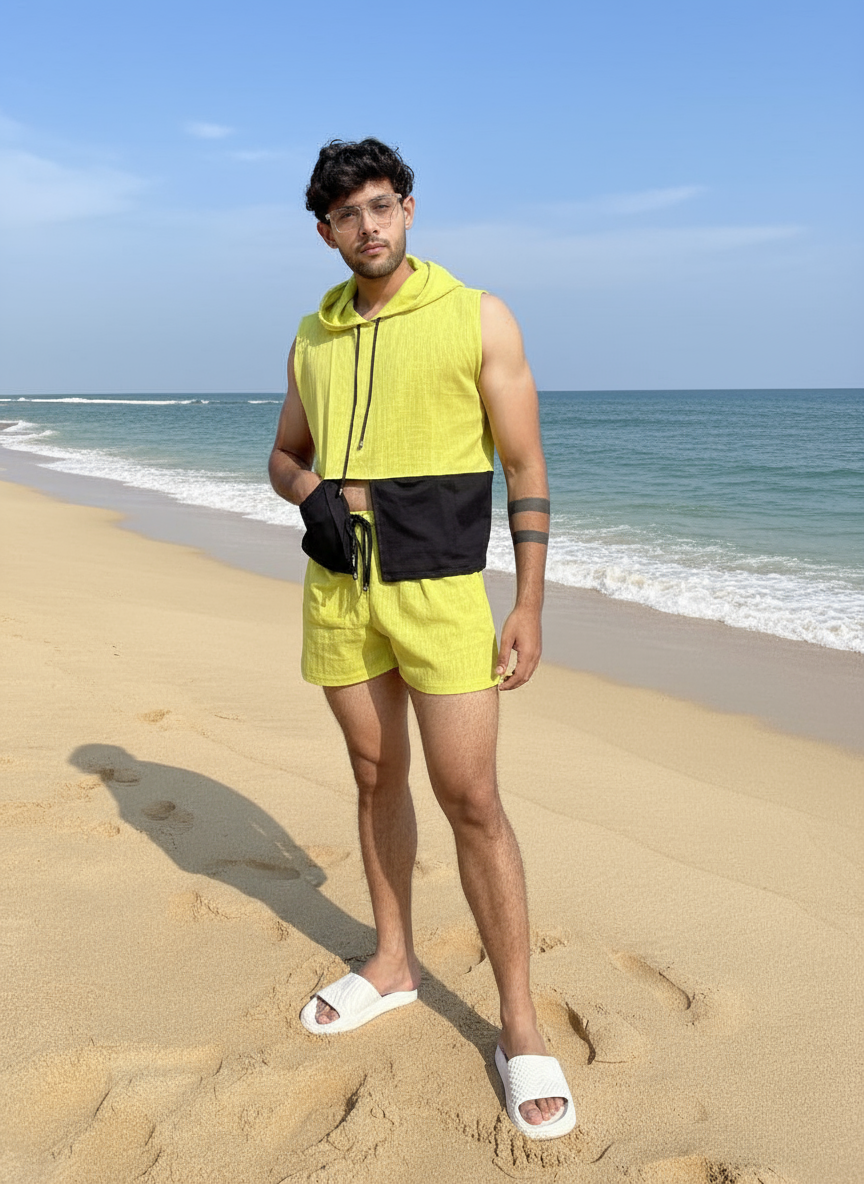 Men's 100% cotton beach wear sleeve less hooded top and short set
