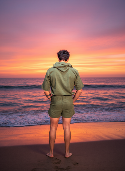 Olive Green Half Sleeve Beach Hoodie Co-ord Set for Men – Limited Edition