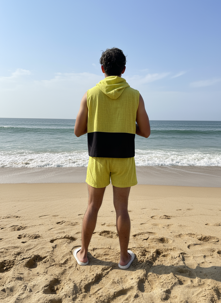 
                      
                        Men's 100% cotton beach wear sleeve less hooded top and short set
                      
                    