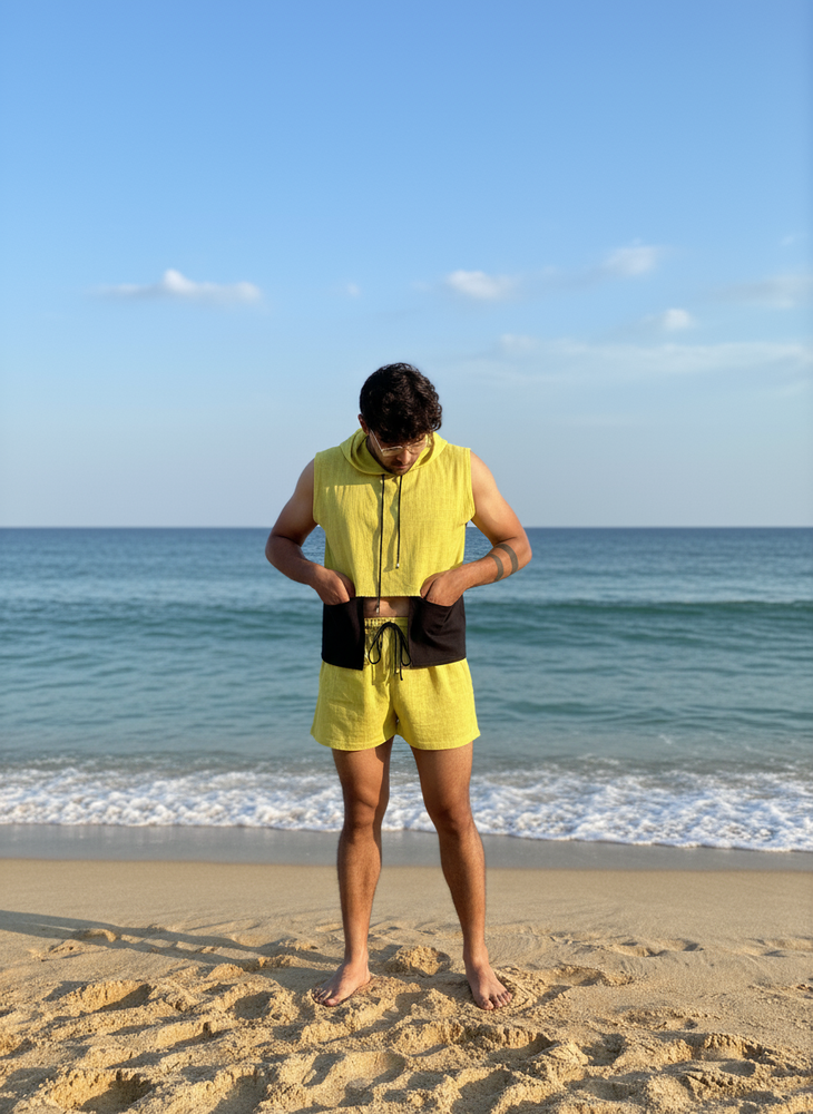 Men's 100% cotton beach wear sleeve less hooded top and short set