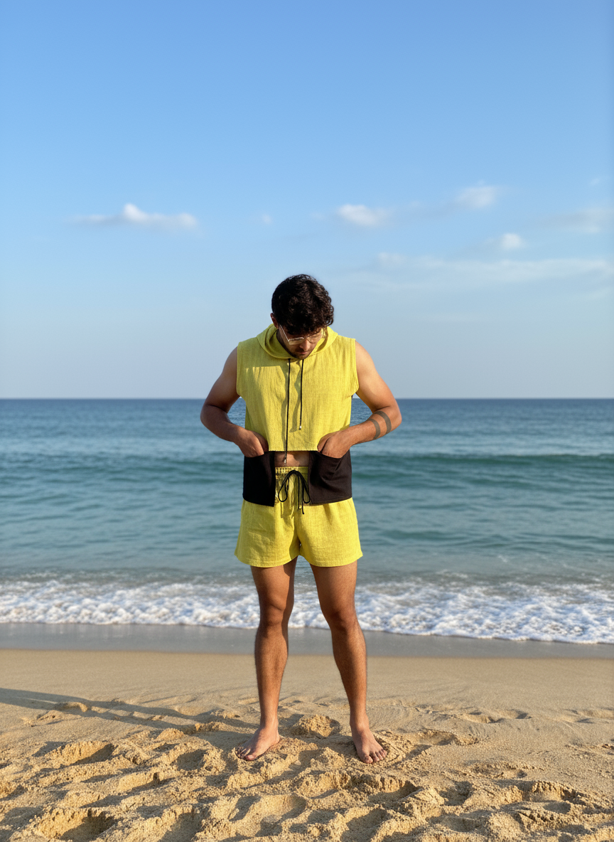 Men's 100% cotton beach wear sleeve less hooded top and short set