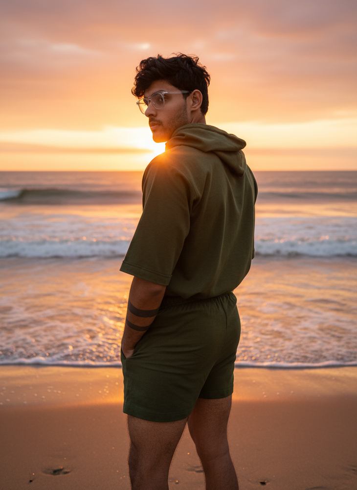 
                      
                        Olive Green Half Sleeve Beach Hoodie Co-ord Set for Men – Limited Edition
                      
                    