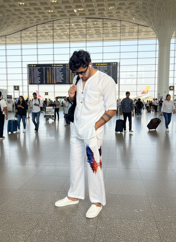 
                      
                        White Wing Pattern Beach Shirt & Pajama pants Set for Men
                      
                    