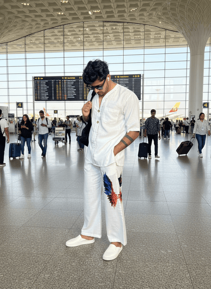 White Wing Pattern Beach Shirt & Pajama pants Set for Men