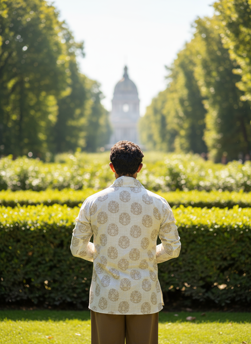 White Lion Face Printed Kurta with Big Neck Collar for Men’s worn by a man standing in lush garden.e Printed Kurta with Big Neck Collar for Men’s