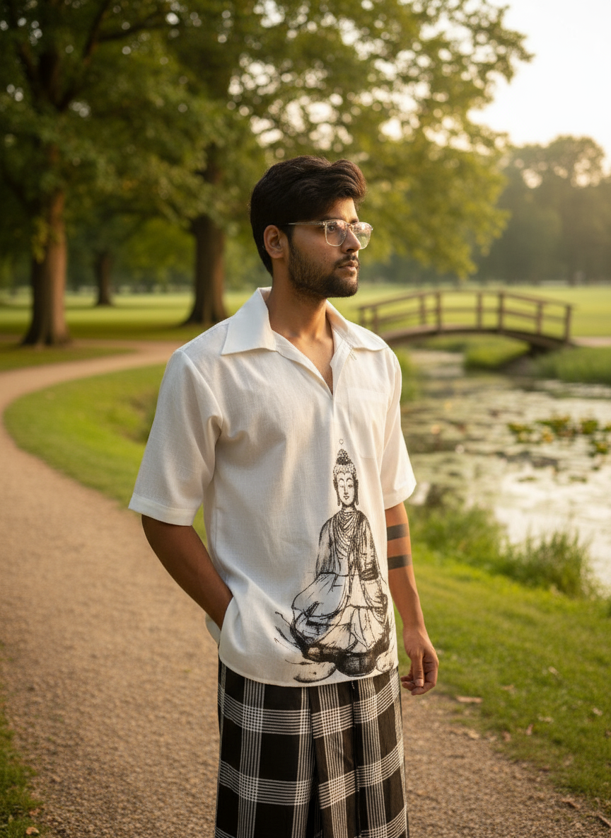 White kurta with budha print for men
