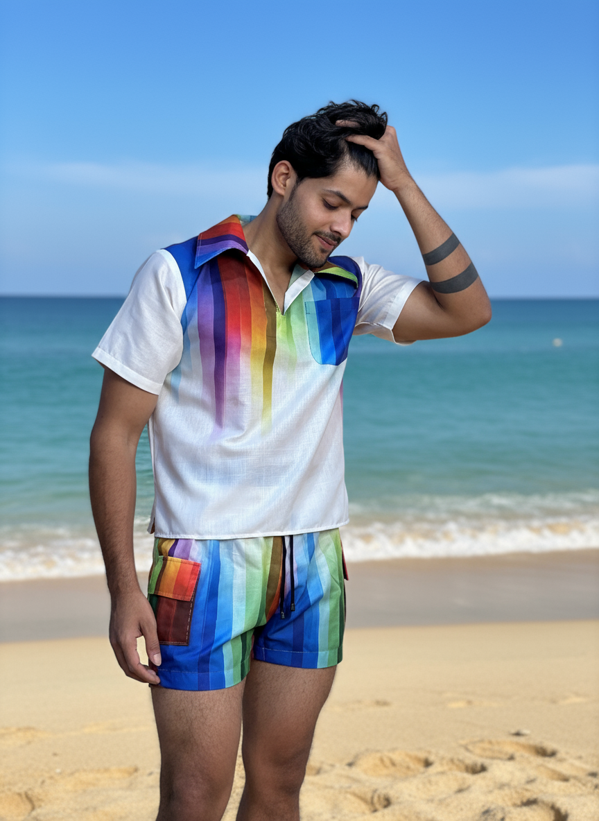 Rainbow Striped Co-ord Beach Set for Men