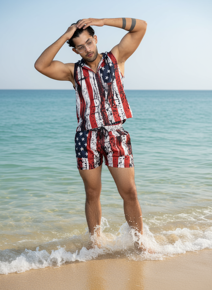 
                      
                        Star And Strip Print Beach Sleeveless Cord set - Men’s Beach Wear
                      
                    