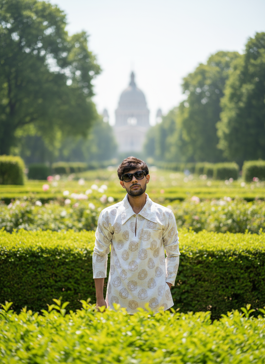 White Lion Face Printed Kurta with Big Neck Collar for Men’s worn by a man standing in lush garden.e Printed Kurta with Big Neck Collar for Men’s