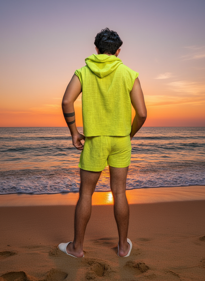 Cotton Sleeveless hooded Cord Beach Set for Men
