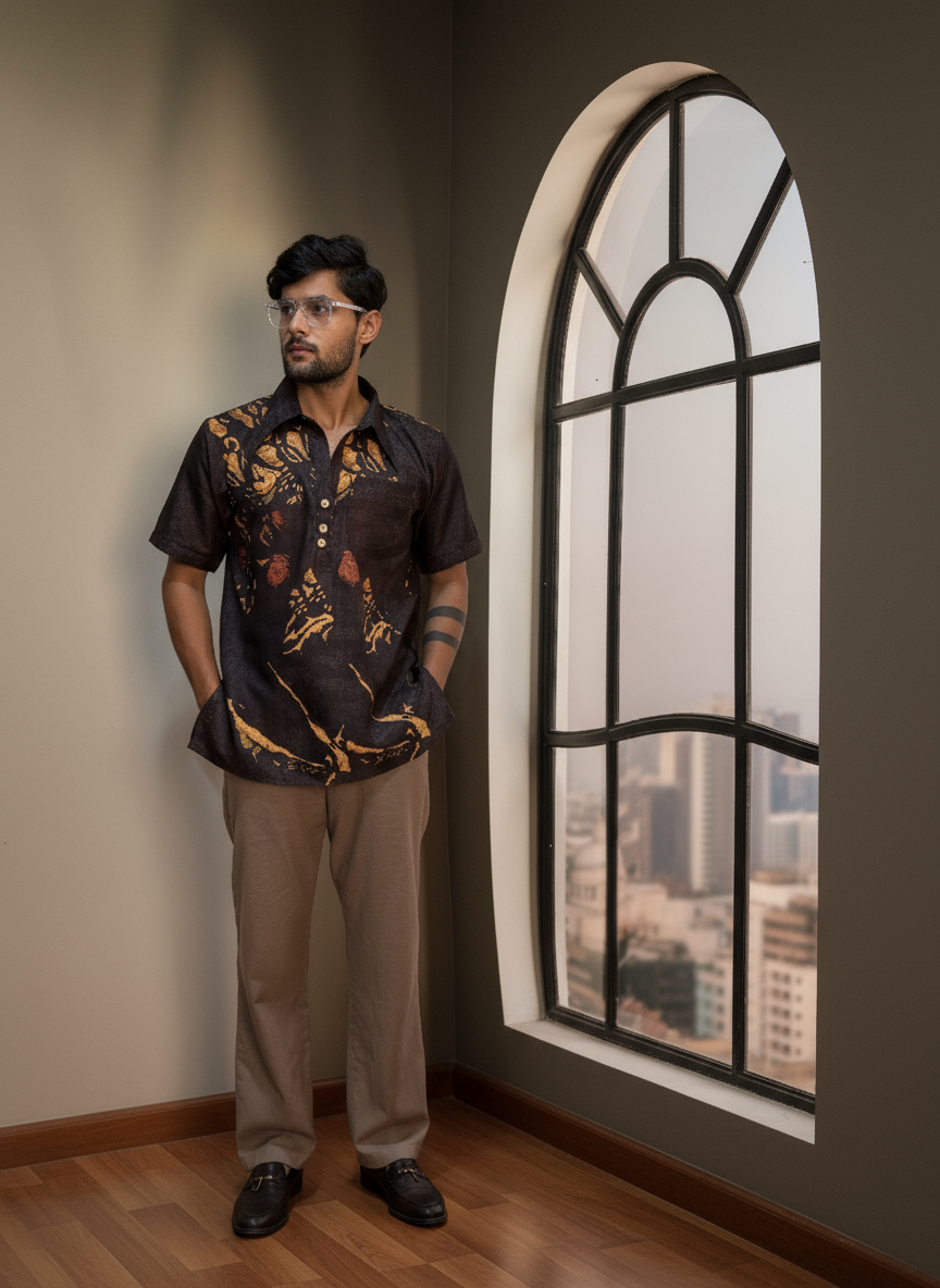 Dark coffee color lion face print kurta for men
