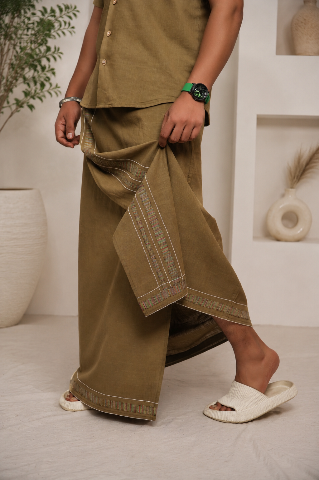Premium Cotton Stripe Pajamalungi – Khaki
