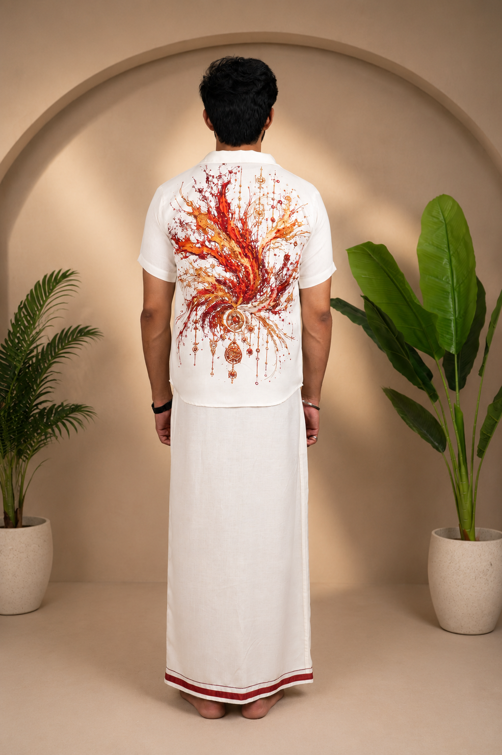 Full back outfit view with ivory maroon heritage lungi