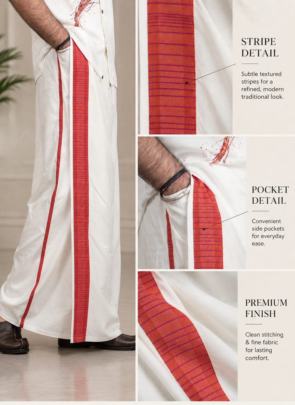 Men White colour with Ember Stripe PajamaLungi