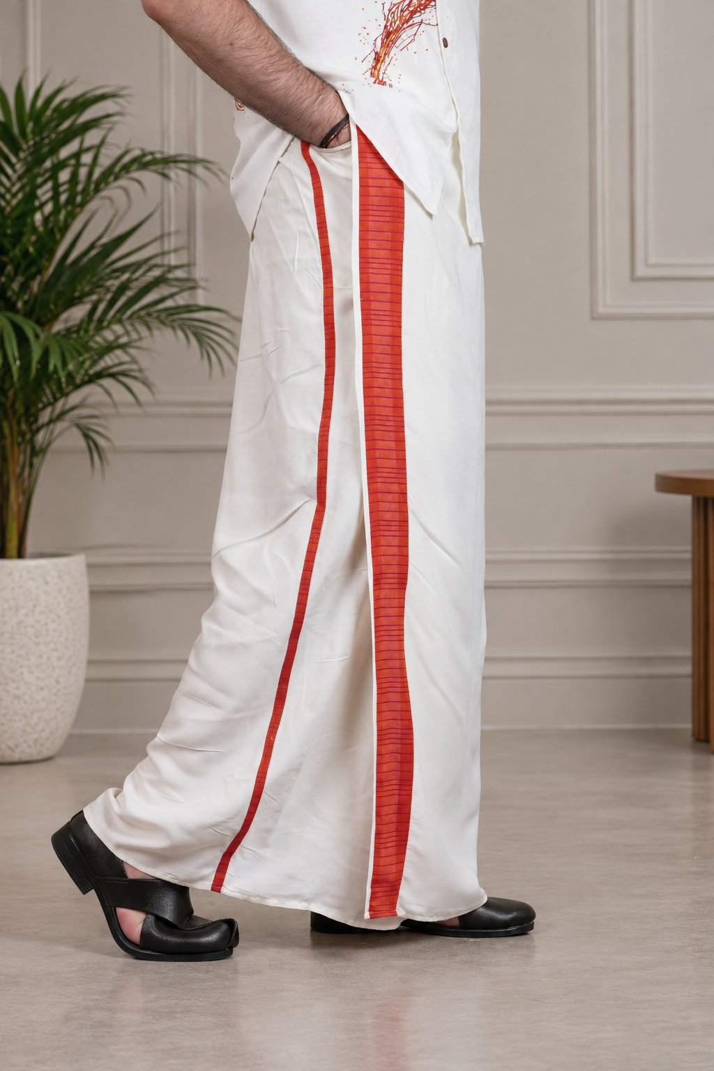 Men White colour with Ember Stripe PajamaLungi