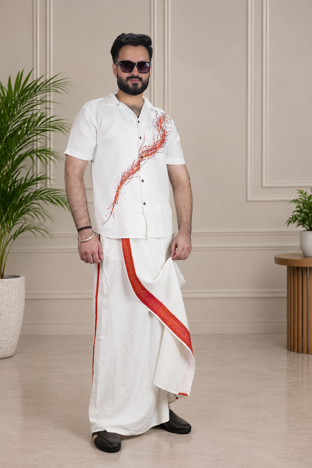 Men White colour with Ember Stripe PajamaLungi