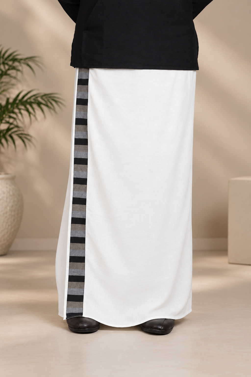 Men White Colour Monochrome Stripe PajamaLungi