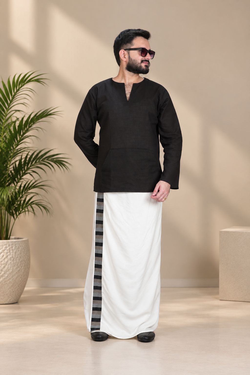 Men White Colour Monochrome Stripe PajamaLungi