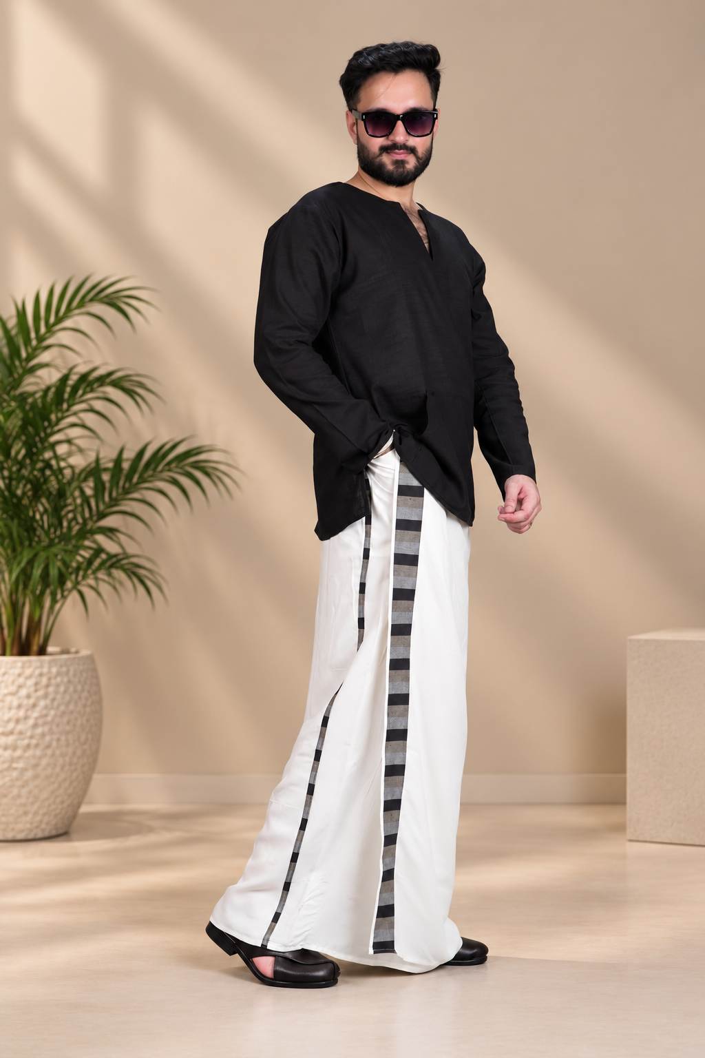 Men White Colour Monochrome Stripe PajamaLungi