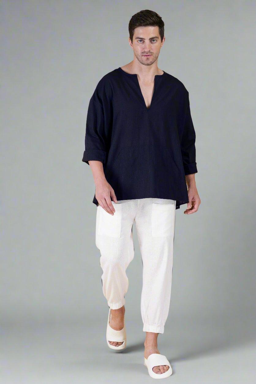 Navy Blue Off Shoulder Loose Cotton Kurta - Nirmal Online