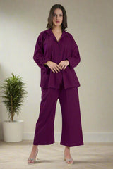 Oversized Wine Cotton Shirt & Pajama Set