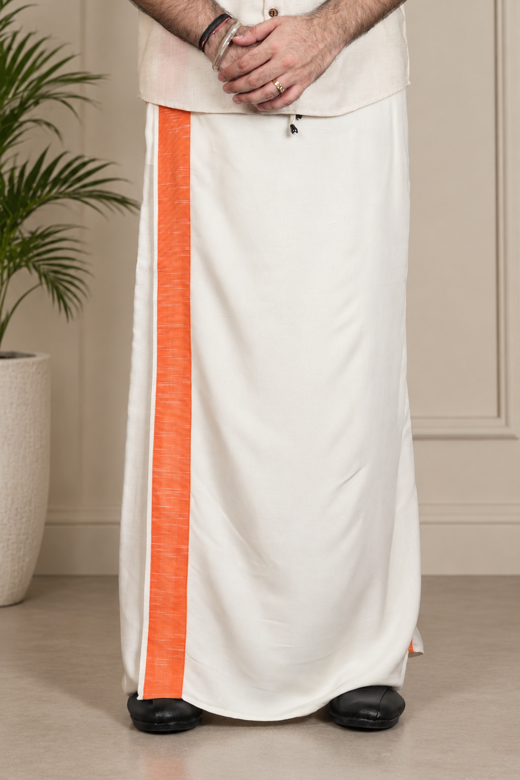 Men White colour Orange Accent PajamaLungi