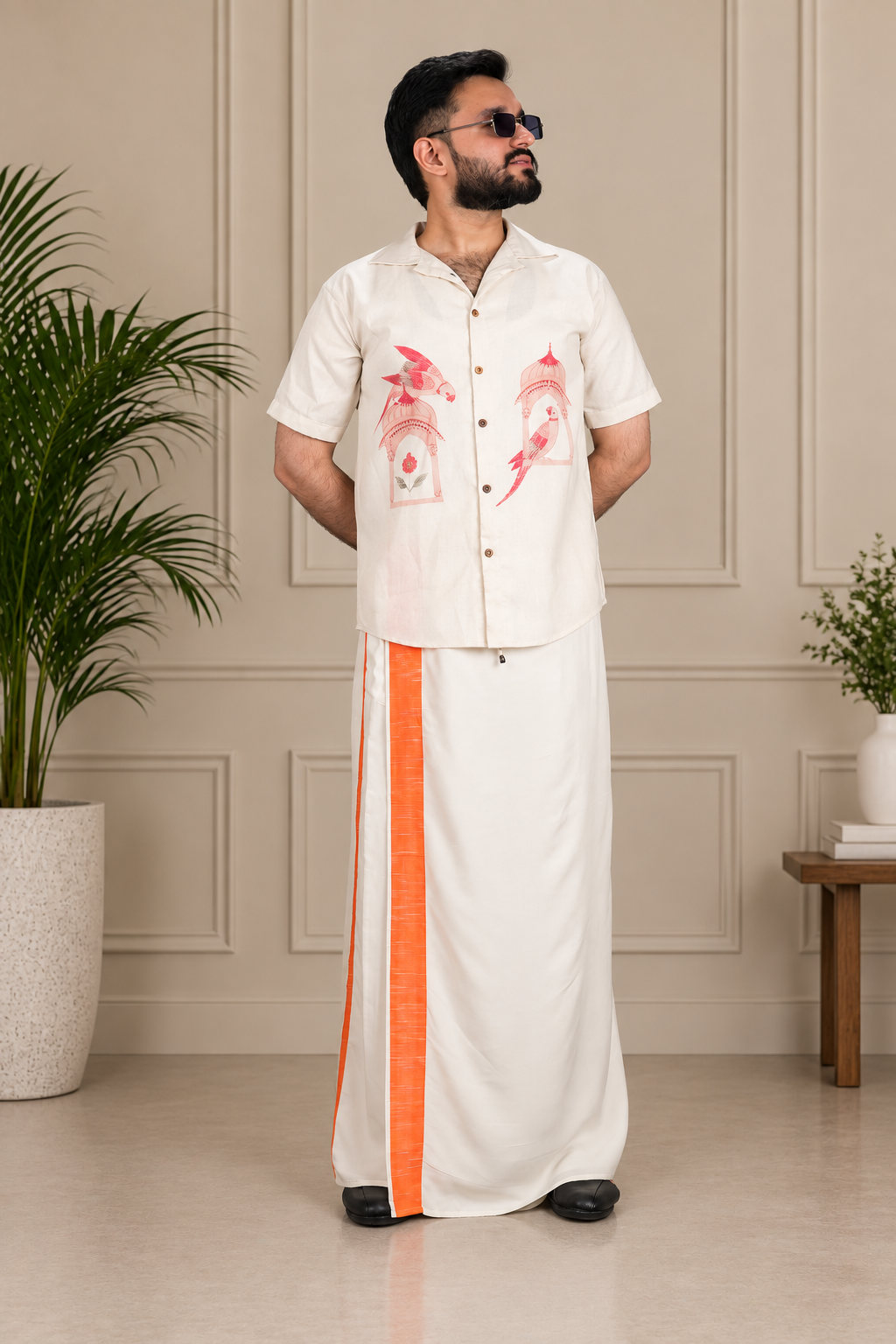 Men White colour Orange Accent PajamaLungi