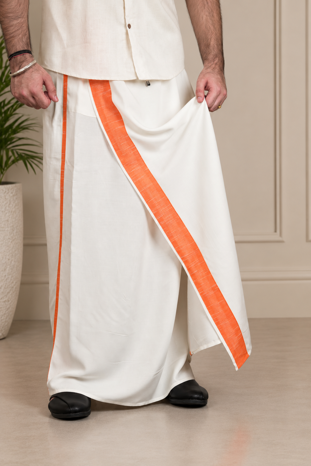 Men White colour Orange Accent PajamaLungi