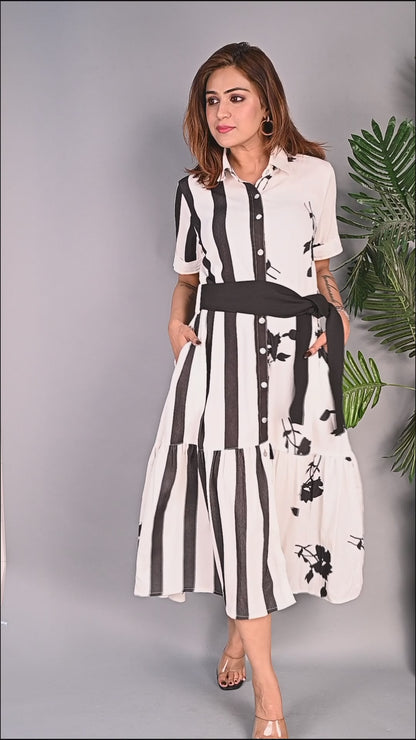 Women Printed Shirt Style Midi Dress with Belt