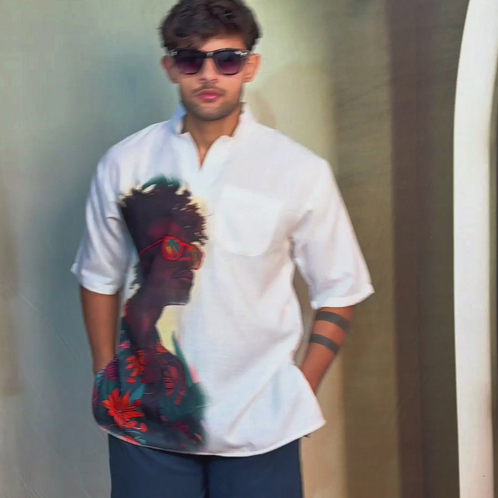
                      
                        Load and play video in Gallery viewer, Men’s Half Sleeve Shirt and Pant – Afro Sunglasses Graphic Print (White)
                      
                    