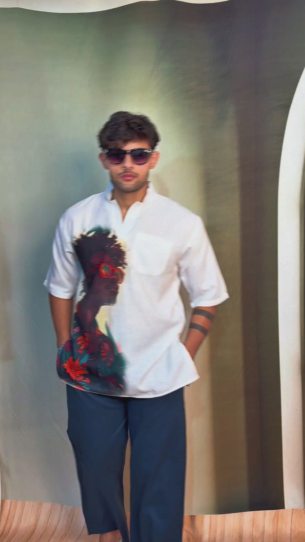 Men Half Sleeve Kurta– Afro Sunglasses Print (White)