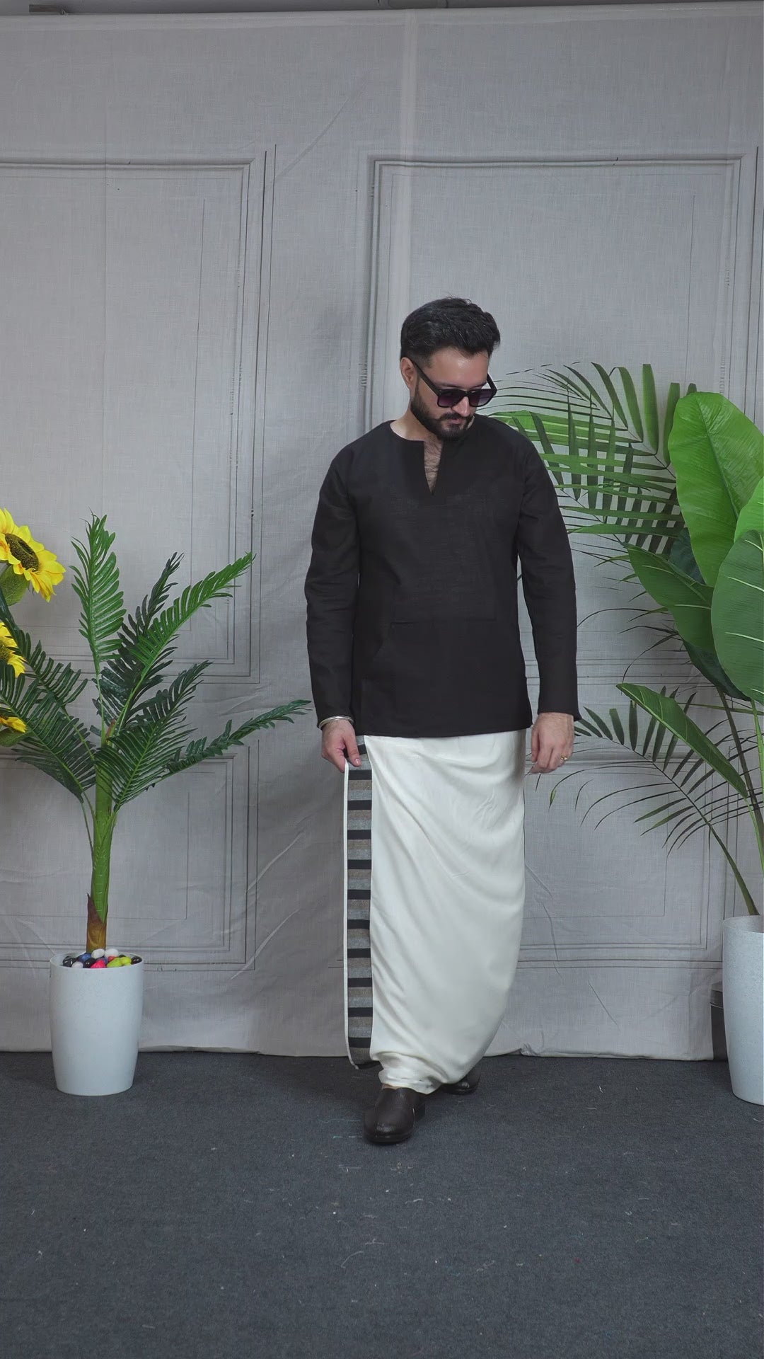 Men Ivory Colour Pajamalungi with Monochrome Stripe