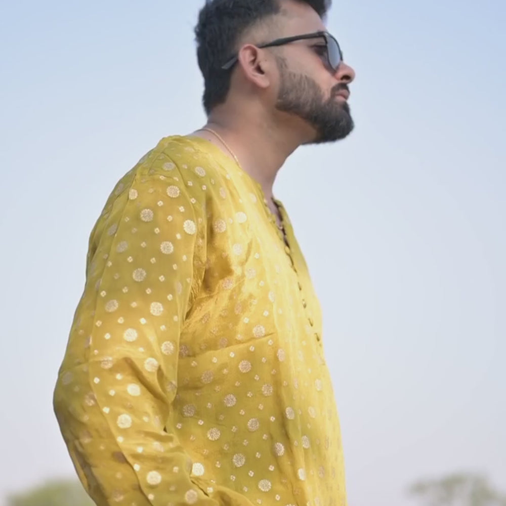 
                      
                        Load and play video in Gallery viewer, Yellow Viscose chinon jacquard Kurta &amp;amp; White Pajama Set
                      
                    