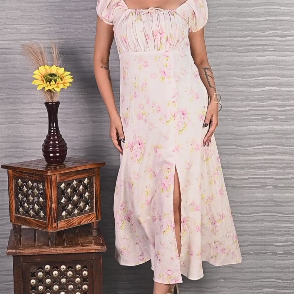 
                      
                        Load and play video in Gallery viewer, Rose Printed White Long Dress
                      
                    