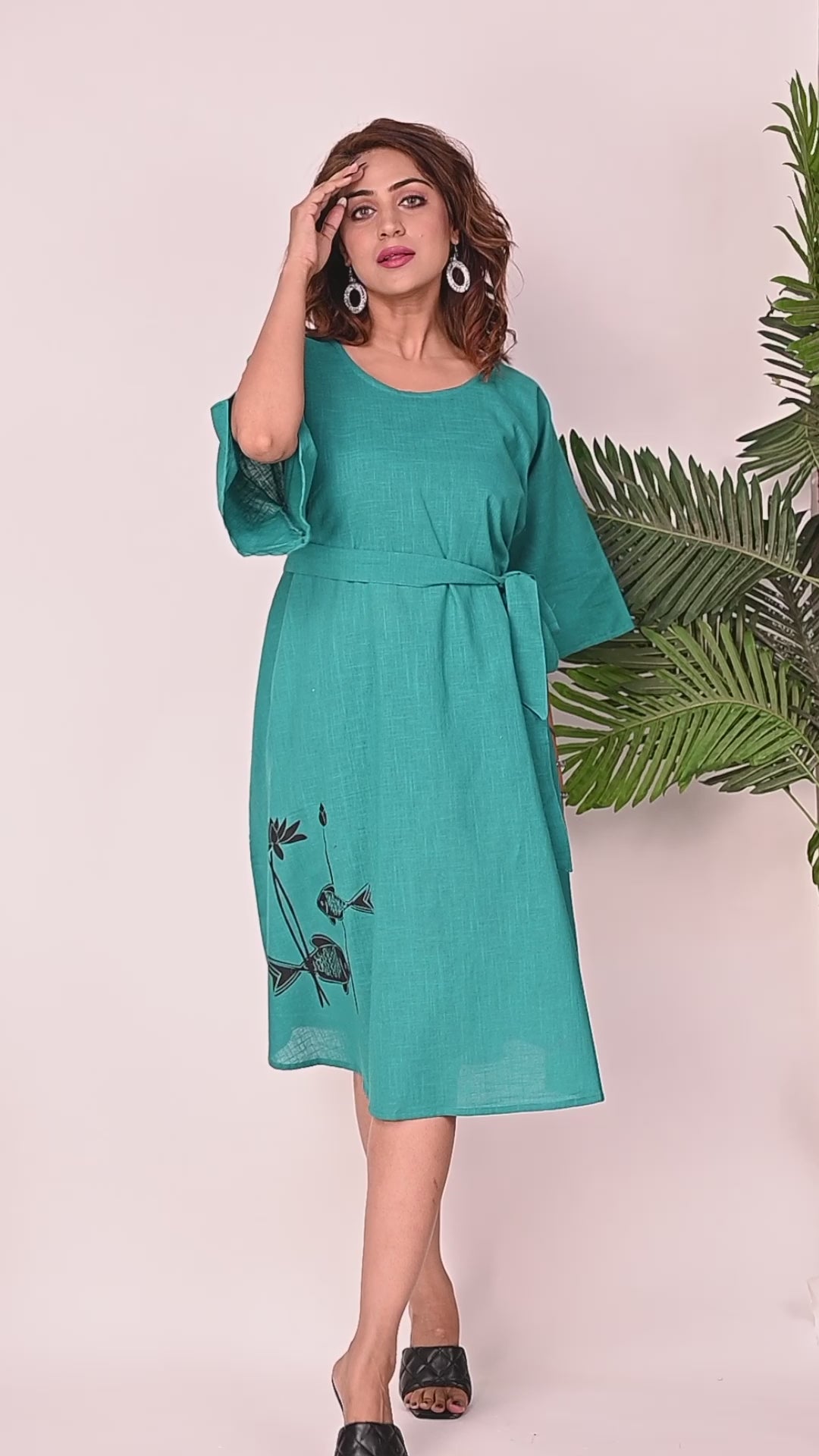 Premium Quality Cotton Slub Tunic Dress for Women in Teal Blue Colour