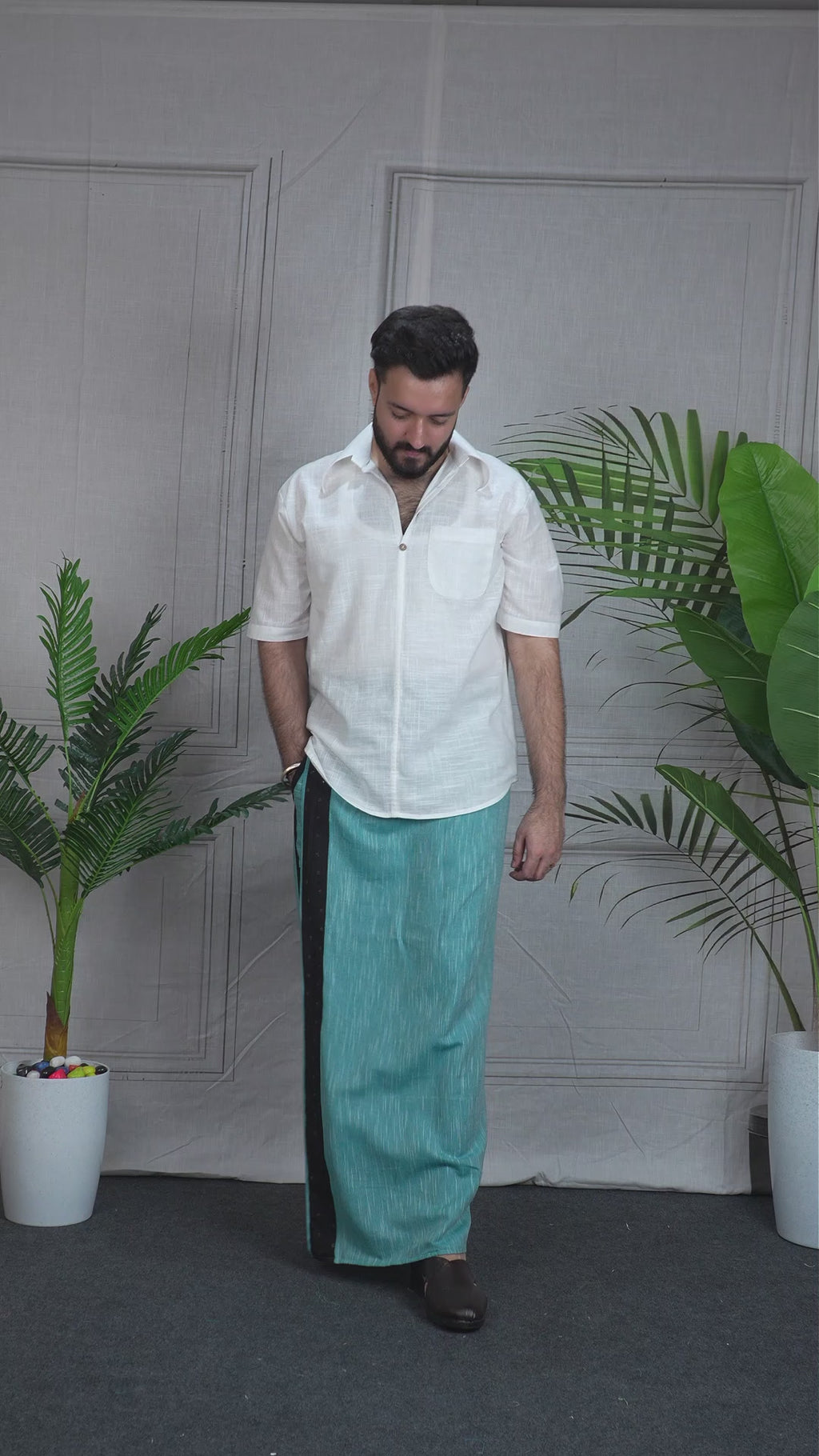 Men Teal Green PajamaLungi with Black sequence emb stripe