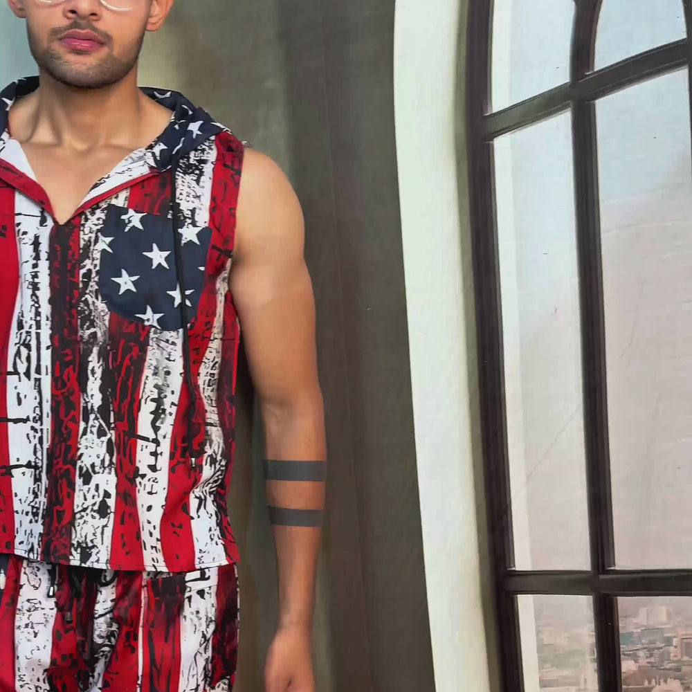 
                      
                        Cargar y reproducir video en el visor de la galería, Star And Strip Print Beach Sleeveless Cord set - Men’s Beach Wear
                      
                    