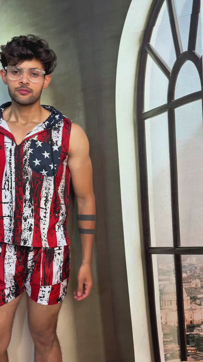 Star and Stripe Print Beach Sleeveless Co-ord Set for Men