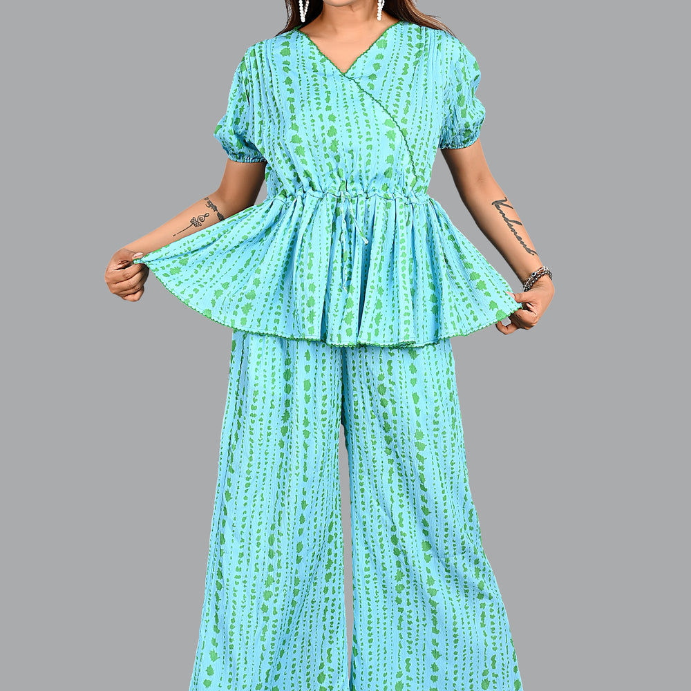 
                      
                        Load and play video in Gallery viewer, Premium Quality Cord Set for Women in Aqua Blue Colour Print
                      
                    