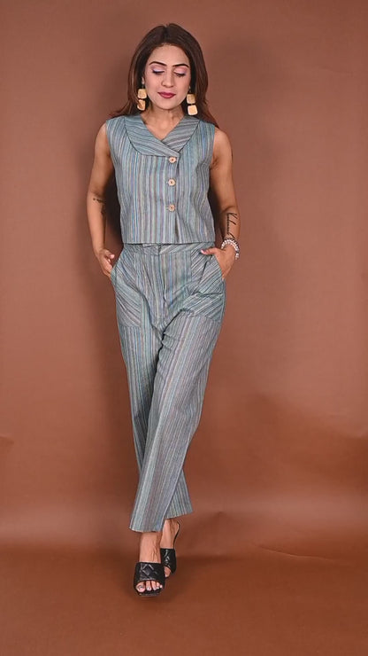 Sea Green  Striped Sleeveless Co-Ord Set