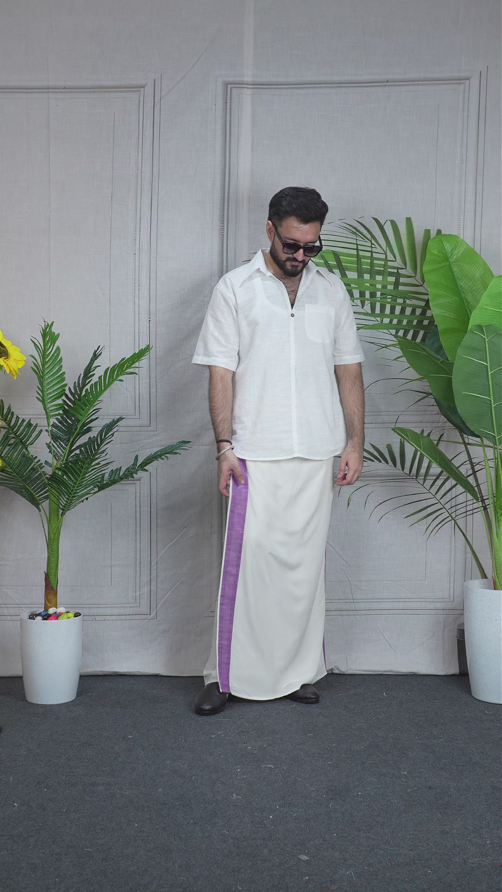 Men's Ivory Purple Edge PajamaLungi