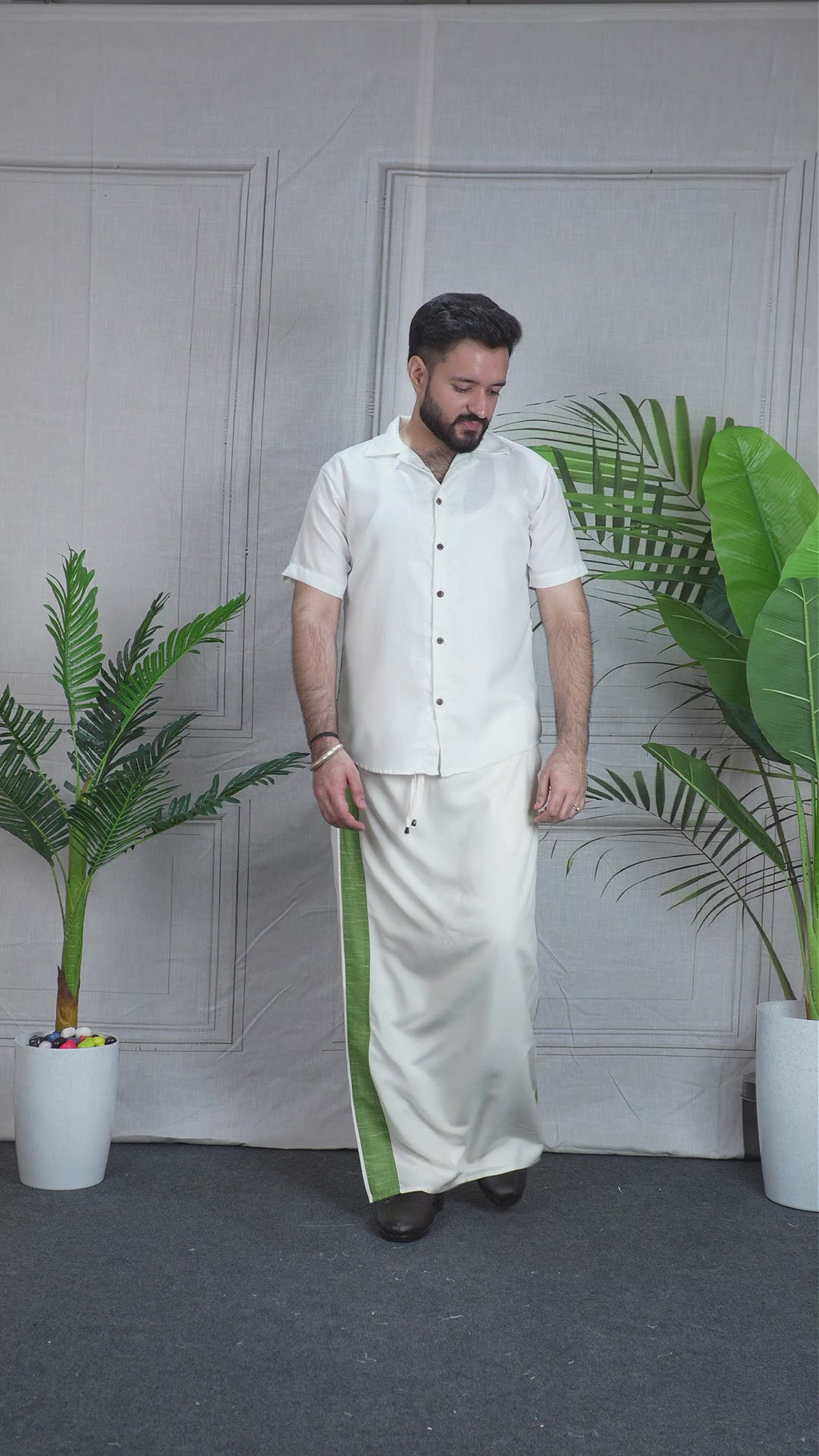 Men Ivory Colour with Moss Green Stripe PajamaLungi