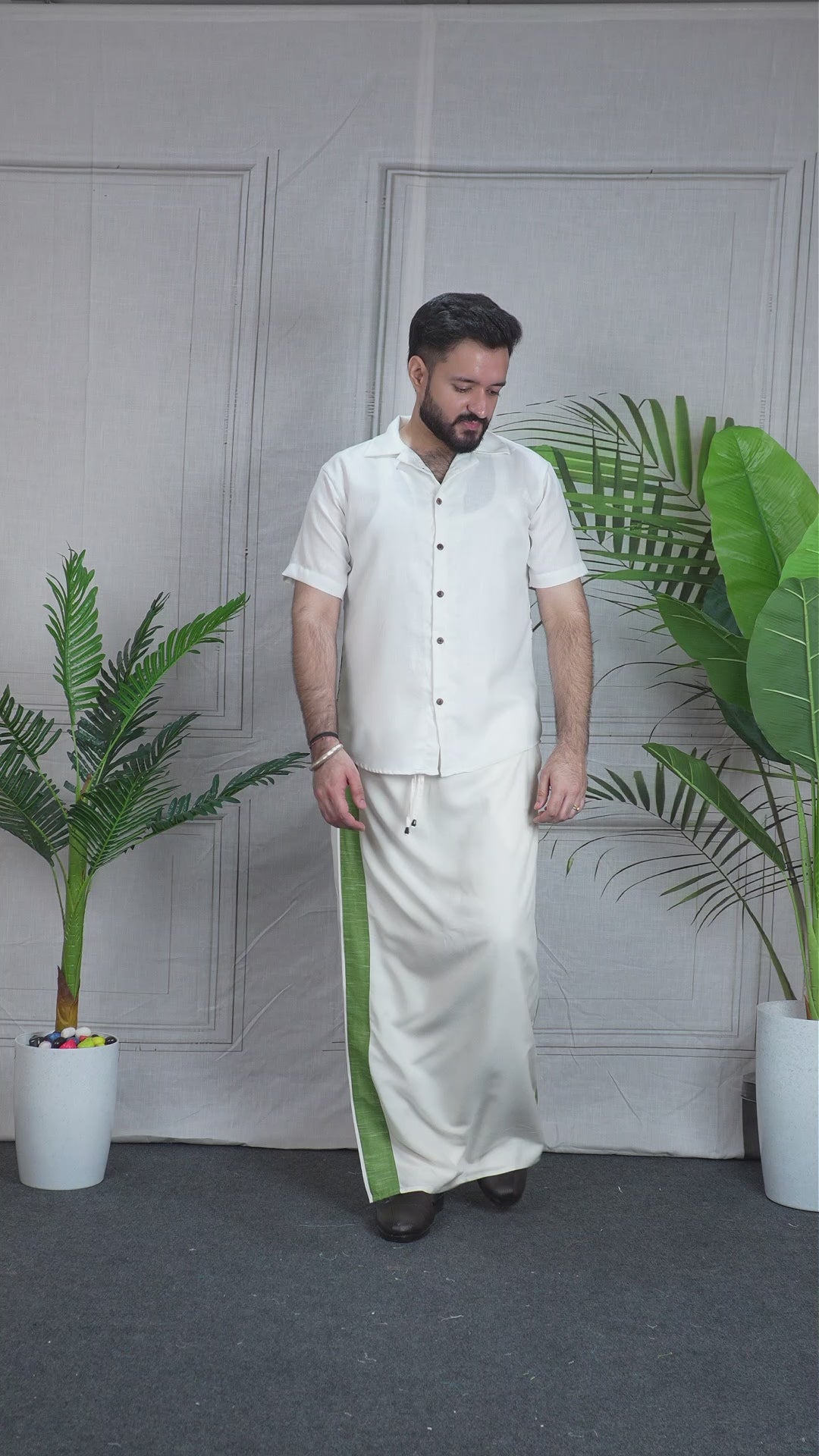 Men Ivory Colour with Moss Green Stripe PajamaLungi