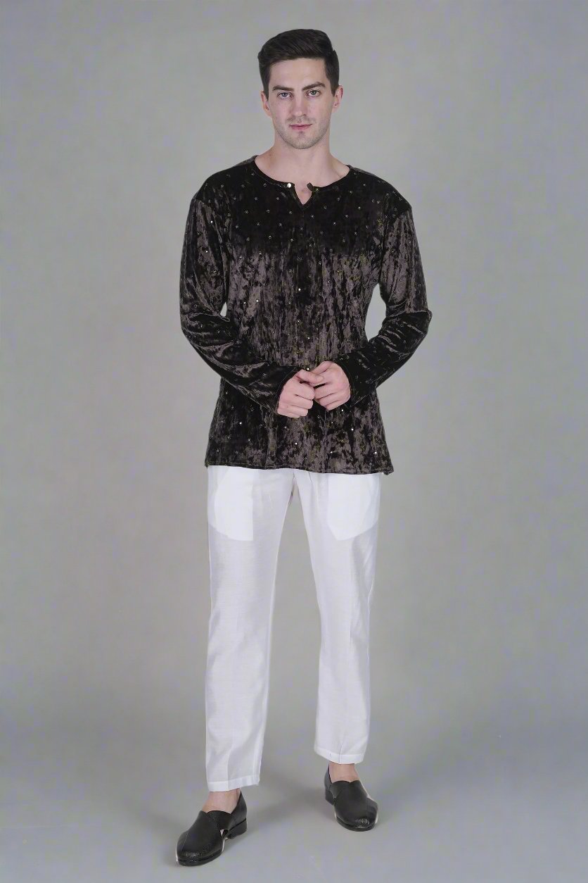 Men’s Velvet Kurta with Floral Embroidery and Sequins