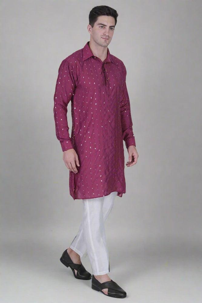 
                      
                        Charger et lire la vidéo dans la visionneuse de la galerie, Men’s Viscose Blend Kurta with Line Embroidery and Sequins &amp;amp; White Viscose Blend Pajama Pant
                      
                    