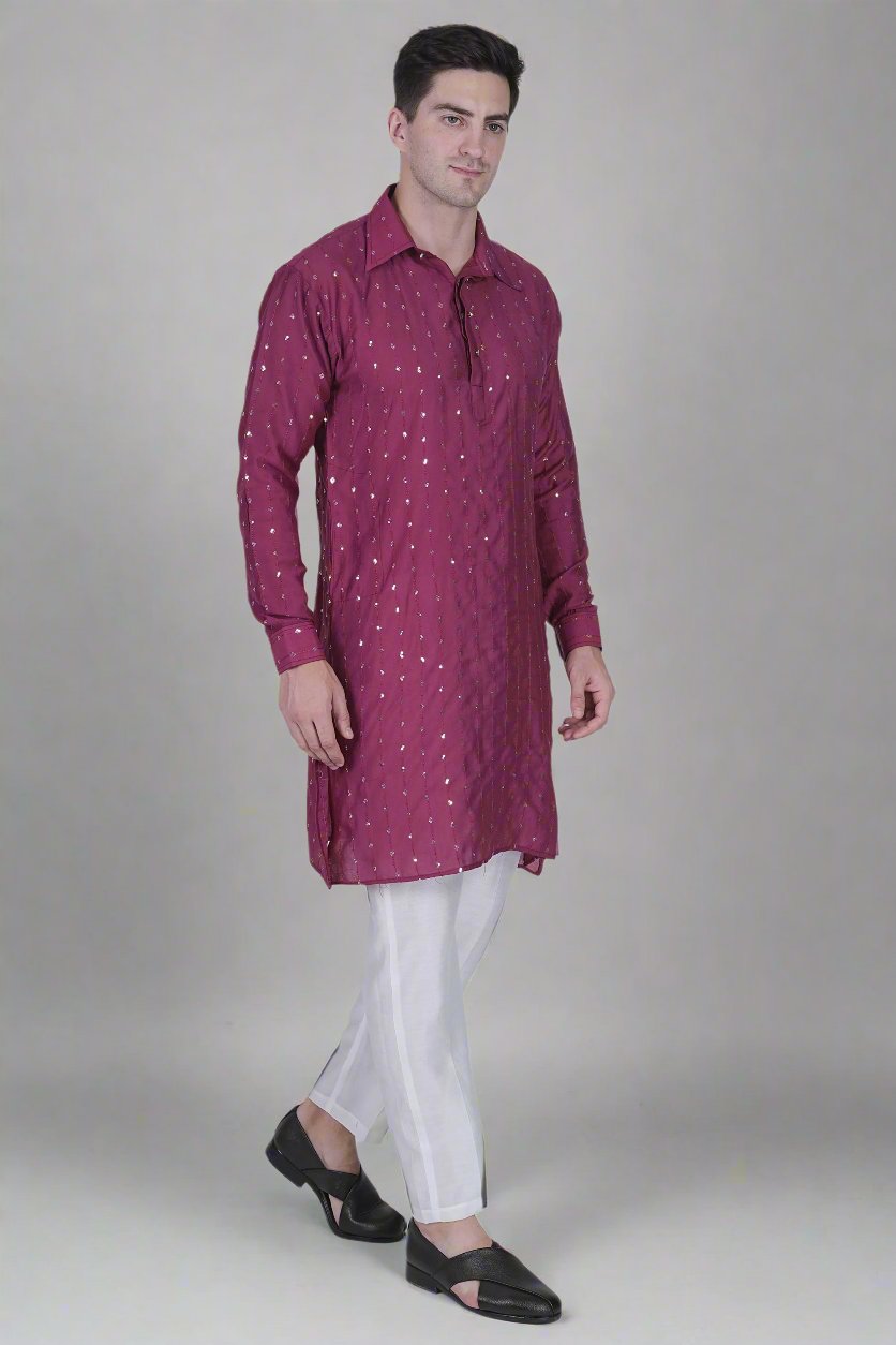 Men’s Viscose Blend Kurta with Line Embroidery and Sequins