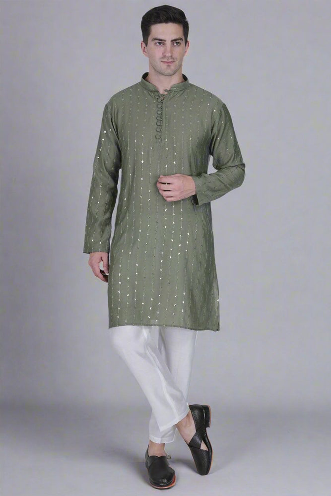 
                      
                        Load and play video in Gallery viewer, Men’s Viscose Blend Kurta with Line Embroidery and Sequins &amp;amp; White Viscose Blend Pajama Pant
                      
                    