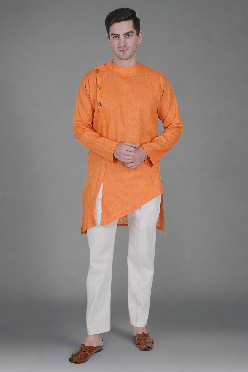 Orange cotton linen touch Men's Kurta & White Cotton linen touch Pajama Pant Set